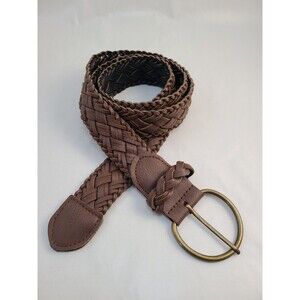 Braided Faux Leather Belt Brown Brass Ring Buckle Vintage Style Unisex Medium
